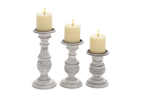 Rustic Distressed White Mango Wood Turned Pillar Candle Holders Set Of