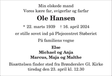 D Dsannonce For Ole Hansen Nordjyske Dk