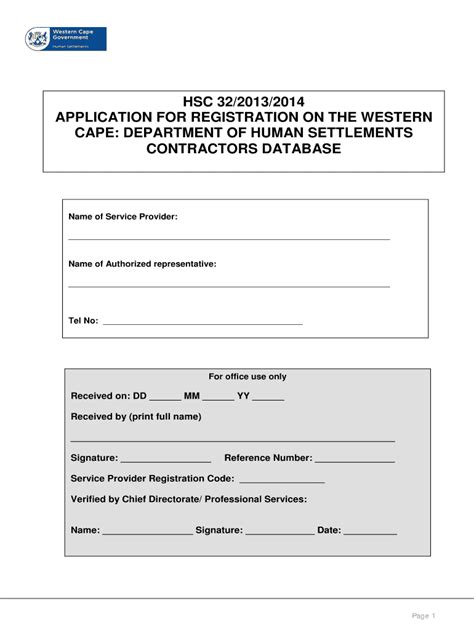 Fillable Online Westerncape Gov HSC 3220132014 APPLICATION FOR