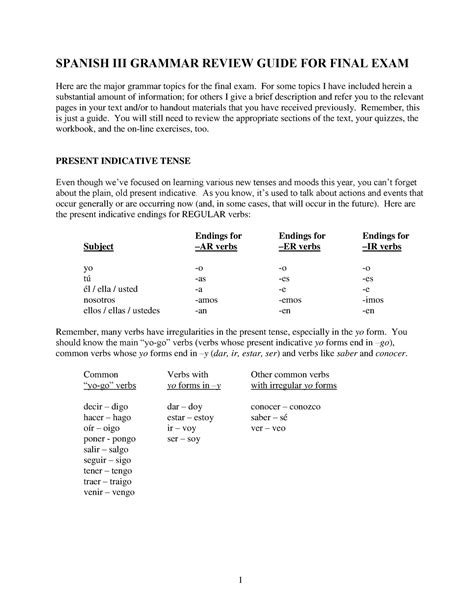 All Encompassing Review Packet Spanish III SPANISH III GRAMMAR REVIEW