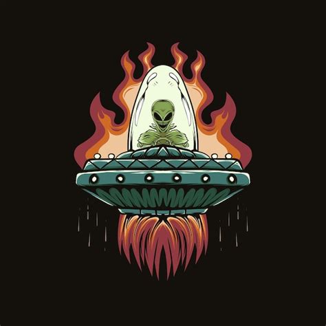 Ilustración de cabeza alienígena y ovni con fuego para diseño e