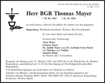 Traueranzeigen Von Herr Bgr Thomas Mayer Mittelbayerische Trauer