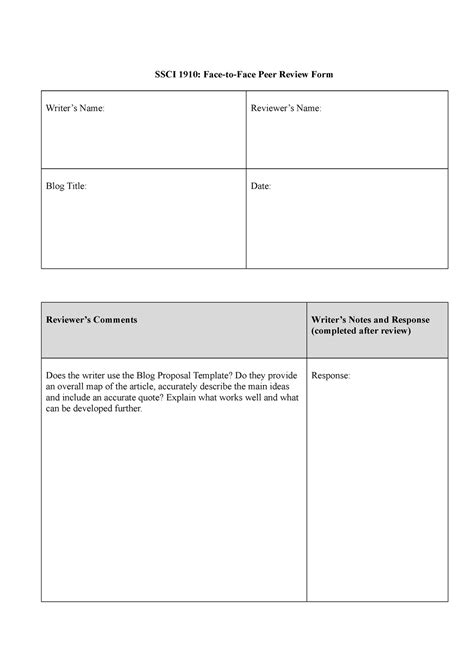 Blog Proposal Peer Review SSCI 1910 Face To Face Peer Review Form