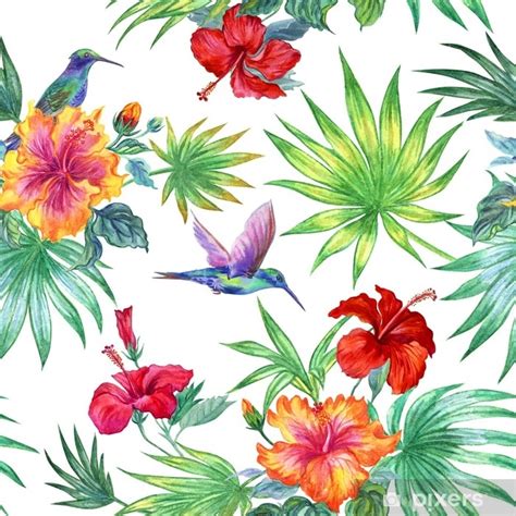 Sticker Seamless Watercolor Pattern With A Hummingbird And Hibiscus On