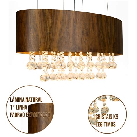 Lustre Pendente Oval Cristais em Madeira Imbuia Wood Iluminação