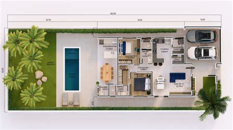 Planta De Casa Térrea Até 150m² Com Piscina Com Muro E Portão