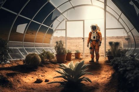 Premium Photo Astronaut Growing Plant In Greenhouse On Mars