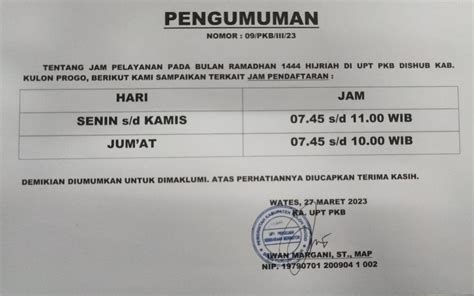 Penyesuaian Jam Kerja Pelayanan Di Upt Pkb Dishub Kab Kulon Progo