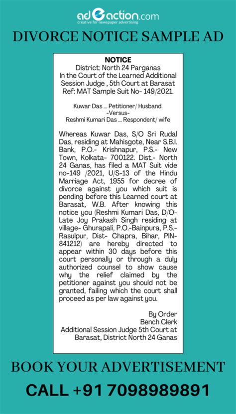 Divorce Notice Ad To Wife Or Husband Newspaper Advertisement Format