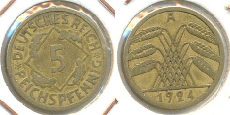 Deutschland Weimarer Republik 5 Reichspfennig 1924 A Course Coin VF