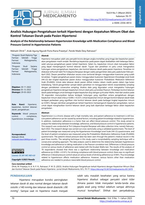 Pdf Analisis Hubungan Pengetahuan Terkait Hipertensi Dengan Kepatuhan