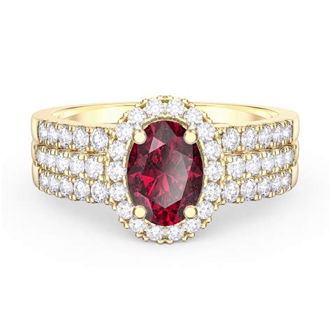 Eternity Ruby Oval Moissanite Halo 18ct Yellow Gold Engagement Ring Set