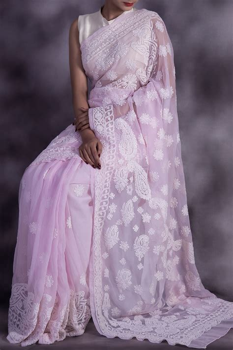 Exclusive Hand Embroidered Pink Colour Lucknowi Chikankari Saree With