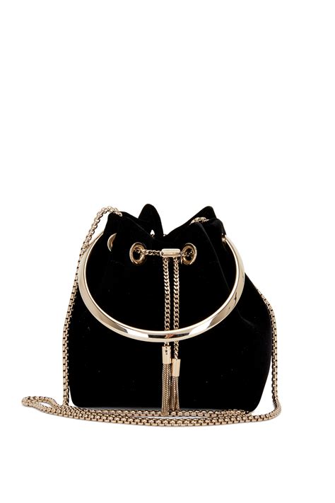 Jimmy Choo Bon Bon Black Velvet Metal Handle Mini Bucket Bag