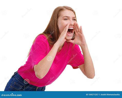 A Young Girl Loudly Screams Wide Open Her Mouth Isolated On White