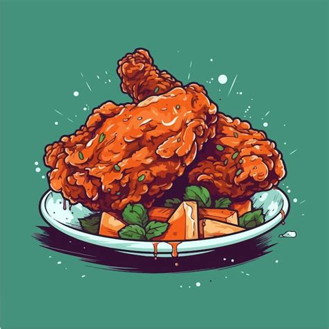 Un dessin de poulet frit sur une assiette avec des légumes Vecteur