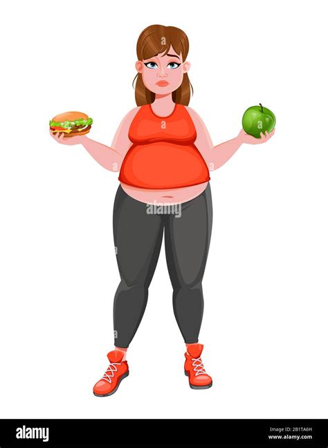 Overweight Woman Choosing Between Apple And Hamburger Cartoon