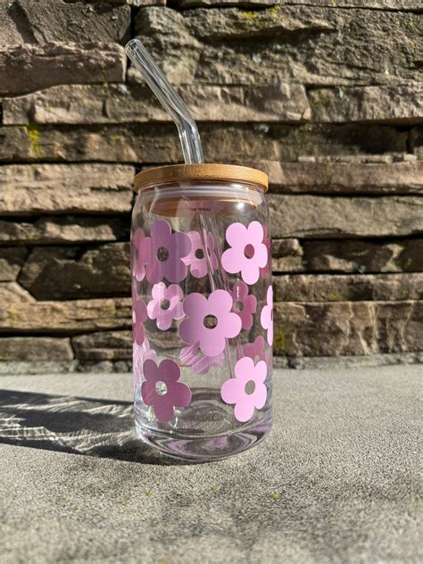 Daisy Iced Coffee Cup With Glass With Lid And Straw Retro Floral Can