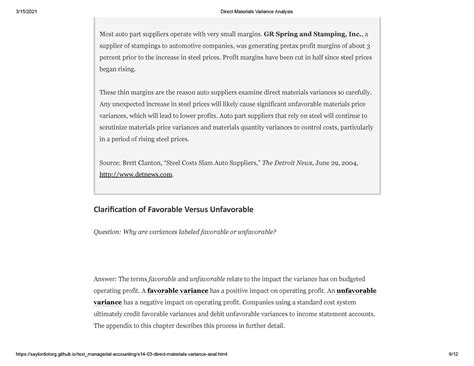 Direct Materials Variance Analysis - 3/15/2021 Direct Materials ...