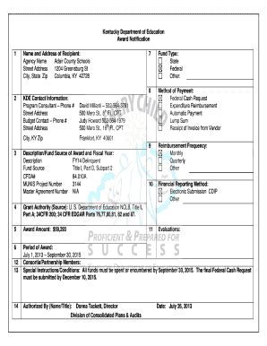 Fillable Online Education Ky Award Notification Education Ky Fax