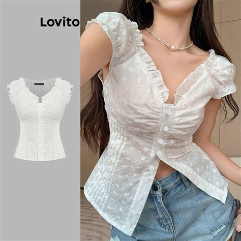 Lovito Women Casual Plain Lettuce Trim Button Front Plicated Blouse