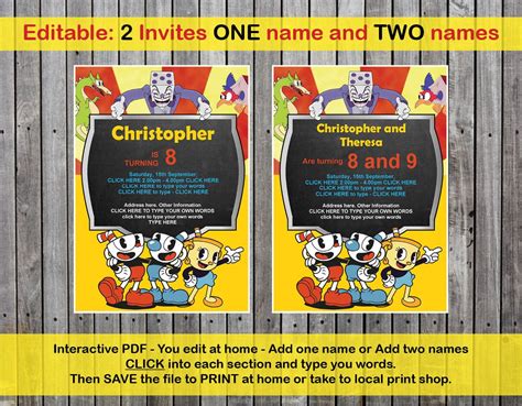 Cuphead Invitation For Birthday Party Edit Yourself At Home Plus Thank You Card Printable