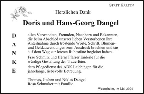 Traueranzeigen Von Doris Und Hans Georg Dangel Schwaebische De