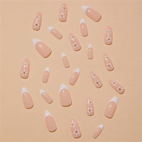 Almond Press On Nails Nude Shade French Tips Floral Pattern RAINBOO BEAUTY