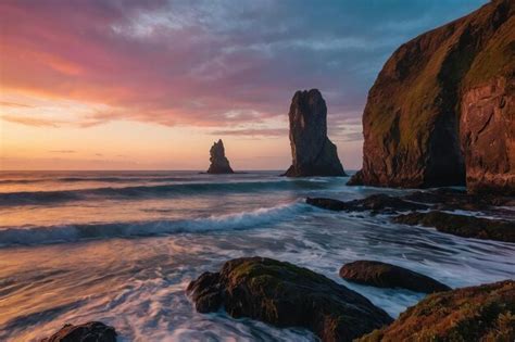 Premium Photo | Breathtaking scenery of sea stacks during sunset under ...