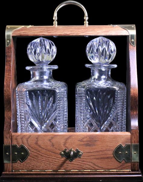 Westminster 2 Square Decanter Solid Oak Tantalus Set With Solid Brass Fittings Crystal Glass