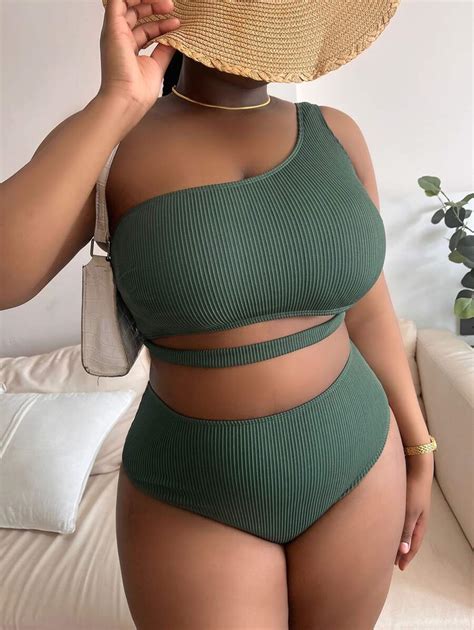 SHEIN Swim Curve Summer Beach Plus Size Rib Cut Out One Shoulder Bikini Set SHEIN USA