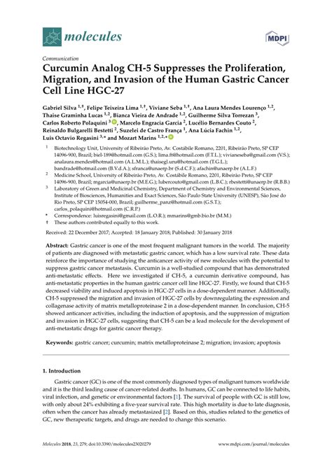 Pdf Curcumin Analog Ch 5 Suppresses The Proliferation Migration And