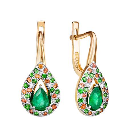 серьги, Золото, Красный, 585, Микс с полудрагоценными камнями ...