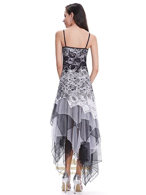 Black And White Lace Spaghetti Strap Prom Dress With Ruffled Skirt