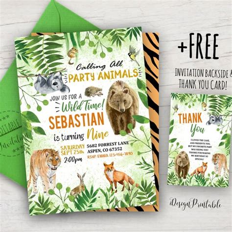 Party Animals Birthday Invitation Bundle Wild One Animals Zoo Etsy