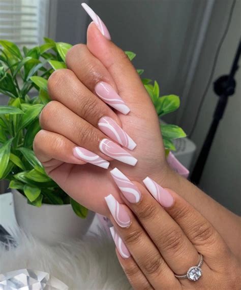 Nude Nails With White Details White Swirl Coffin Nails I Take You