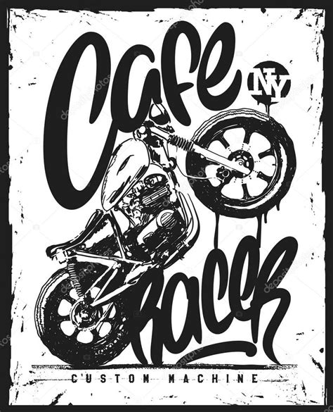 Cafe Racer Vintage Motorcycle Hand Drawn T Shirt Print Stock Vector