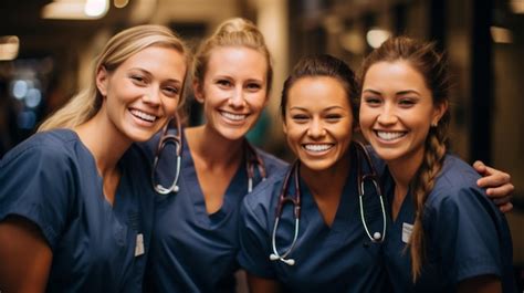 Premium Photo Four Smiling Female Nurses In Blue Scrubs