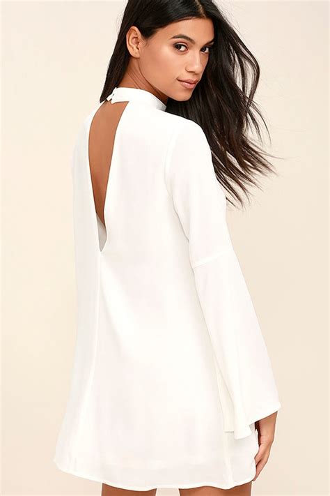 Sexy White Dress Shift Dress Cutout Dress Bell Sleeve Dress 4600