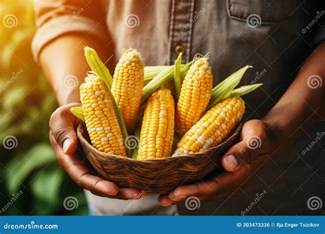 Proud Farmer Holding Basket Of Fresh Golden Corn On Blurred Background