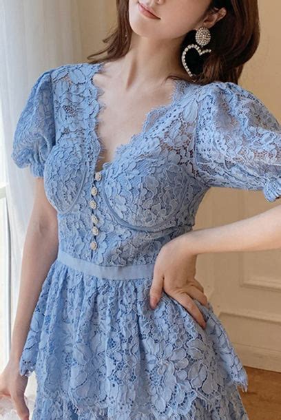 Puffed Sleeves Blue Lace Tiered Midi Dress Frockalicious Uen53293216a