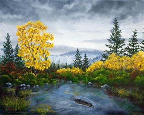 an oil painting of a stream in the woods with yellow trees and ...