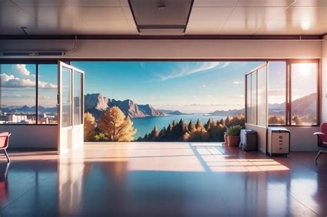 Premium AI Image | A large open door with a view of a lake and mountains in the background.