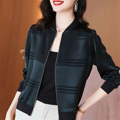 Acétate satin rayé veste courte femme à manches longues manteau