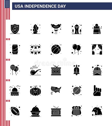 Pack Of 25 Usa Independence Day Celebration Solid Glyph Signs And 4th July Symbols Such As