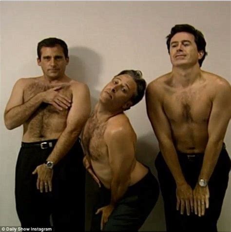 Steve Carell Jon Stewart And Stephen Colbert Pose Shirtless In Clip