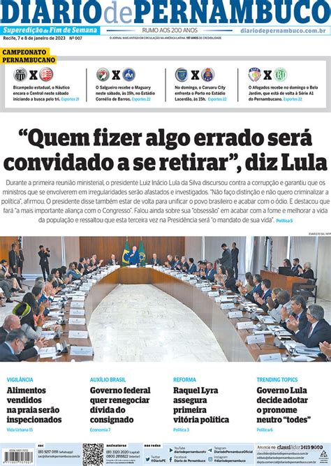 Capa Diario de Pernambuco Edição Sábado 7 de Janeiro de 2023