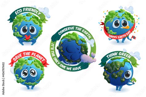 Grafika Wektorowa Stock Emblems With Cute Earth Cartoon Character