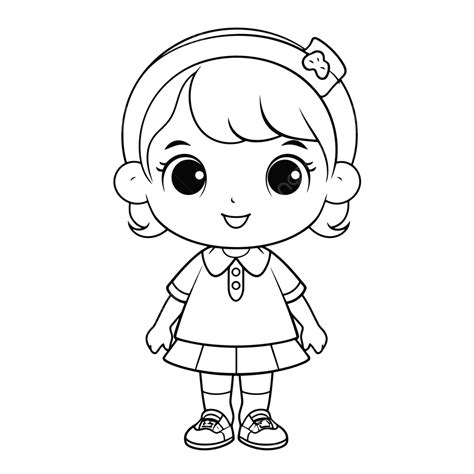 Dibujo De Una Adorable Niña Para Colorear Página Esbozo Vector Png