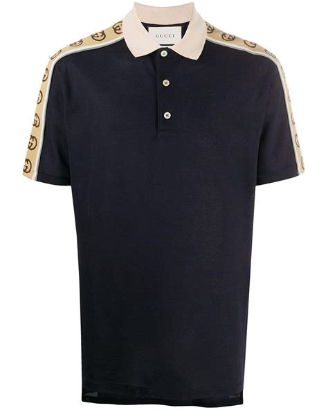 Gucci Cotton Polo With Interlocking G Stripe In Blue For Men Lyst